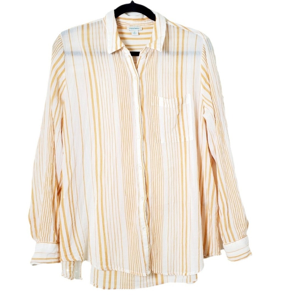 Sundance Goldenrod Stripe White Crinkle Gauze Cotton Button Down Shirt Size M